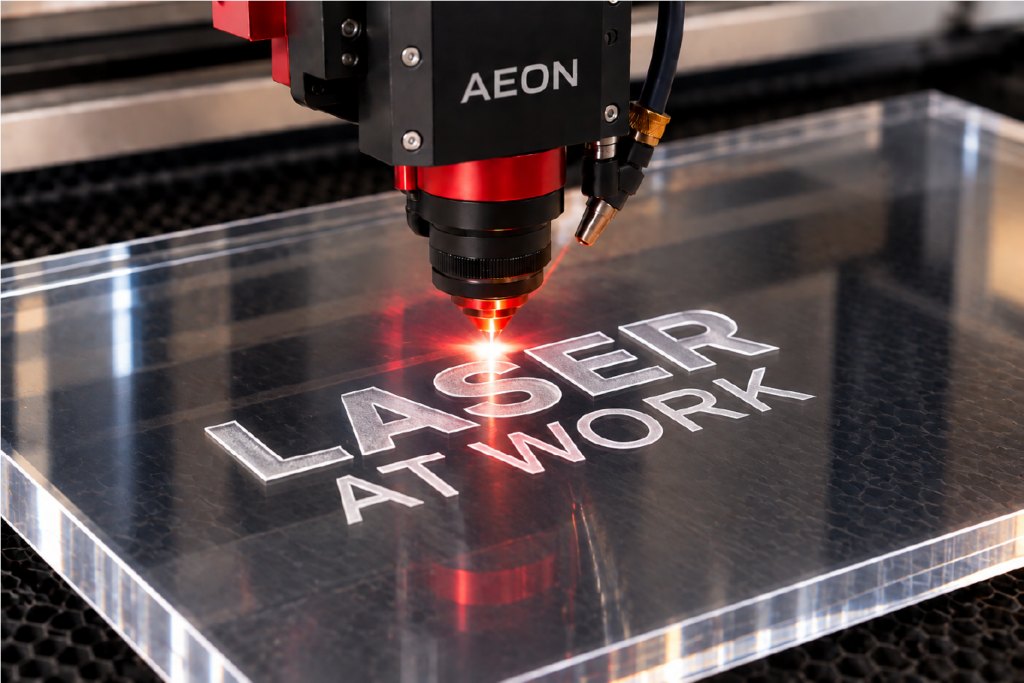 De laserkop graveert een ontwerp in transparant plexiglas